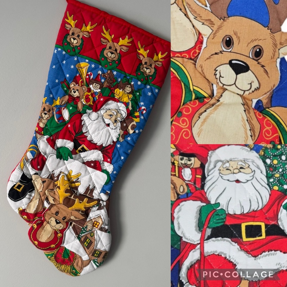 Vintage quilted 3D Christmas Stocking with Santa & Reindeer